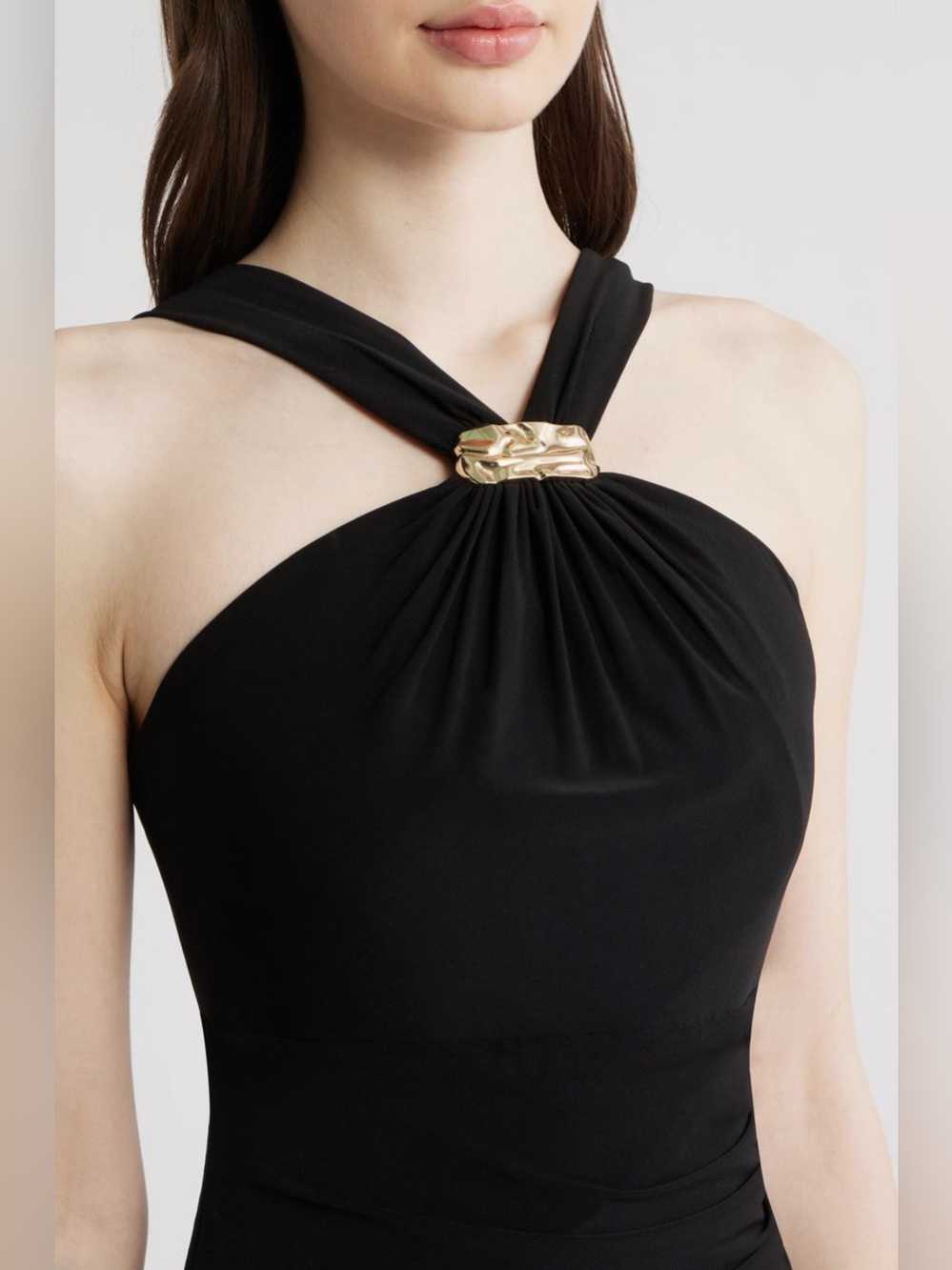 Eliza J Halter Neck Ruched Mermaid Black Evening Gown with Side Slit NWOT 10 - Picture 4 of 10